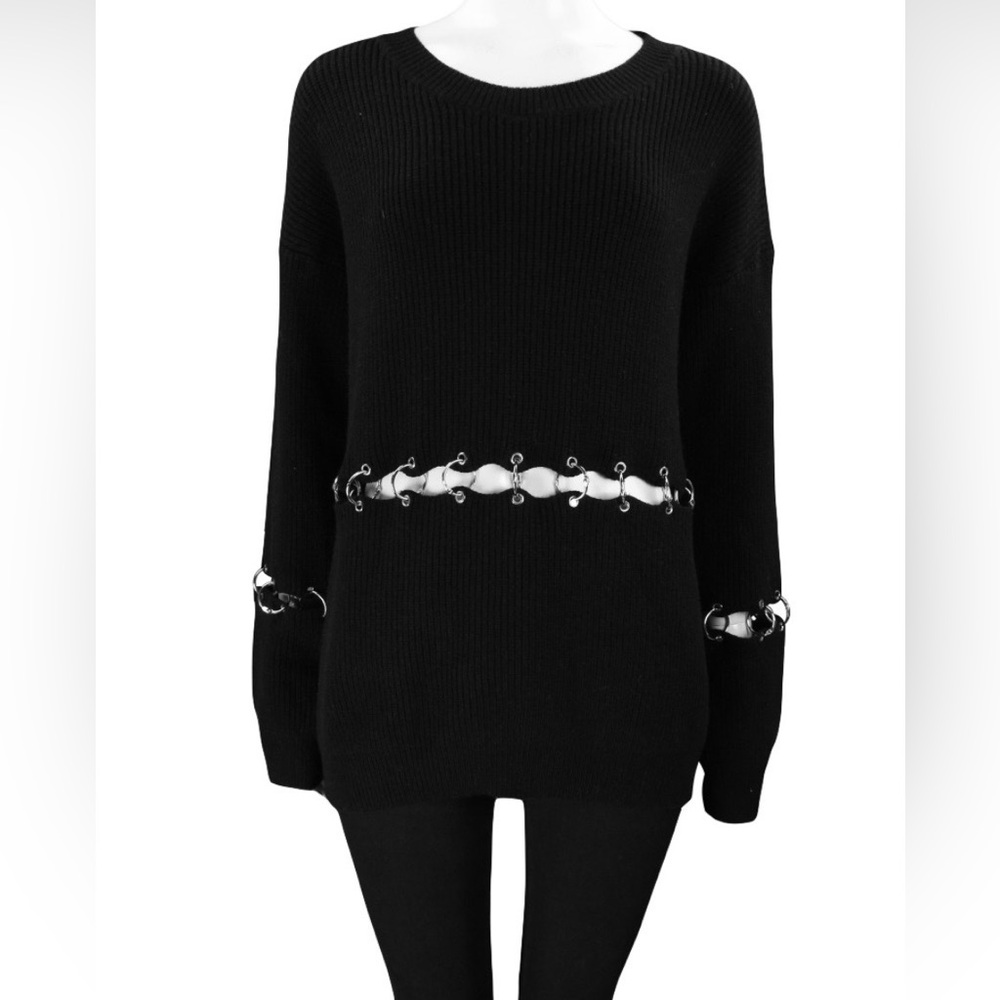 K-Glam Black Crew Neck with Chain Accents top
